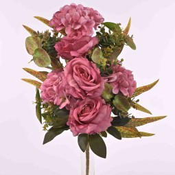 Rose ed ortensie in mazzo (3 rose e 3 ortensie) altezza 56 cm in vari colori - Rosa