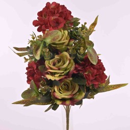 Rose ed ortensie in mazzo (3 rose e 3 ortensie) altezza 56 cm in vari colori - Rosso/verde