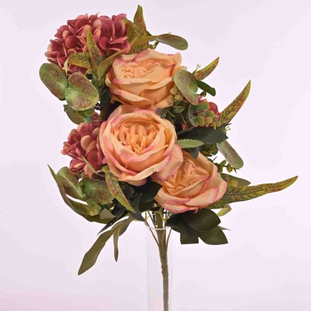 Rose ed ortensie in mazzo (3 rose e 3 ortensie) altezza 56 cm in vari colori - Salmone