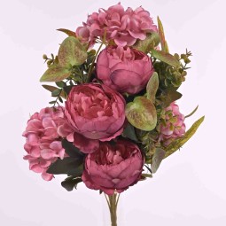 Peonie ed Ortensie in mazzo frontale - 54 cm in vari colori - Fucsia