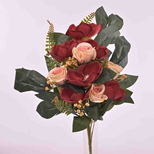 Magnolie e rose in mazzo frontale da 50 cm. vari colori - Bordeaux