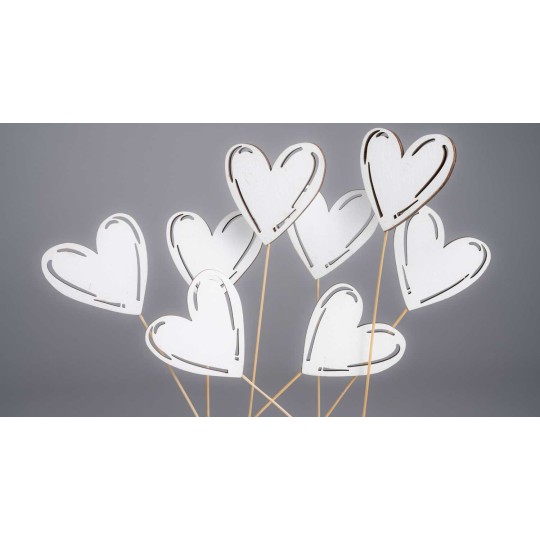 Cuori in legno su pick 8 PZ - 27 Cm / Bianco