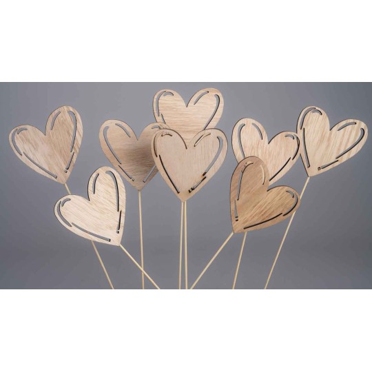 Cuori in legno su pick 8 PZ - 27 Cm / Naturale