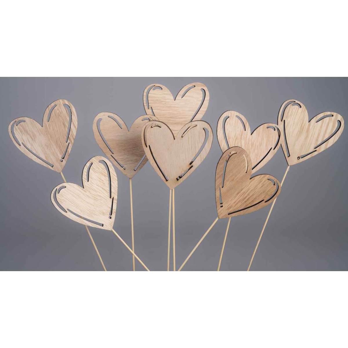 Cuori in legno su pick 8 PZ - 27 Cm / Naturale