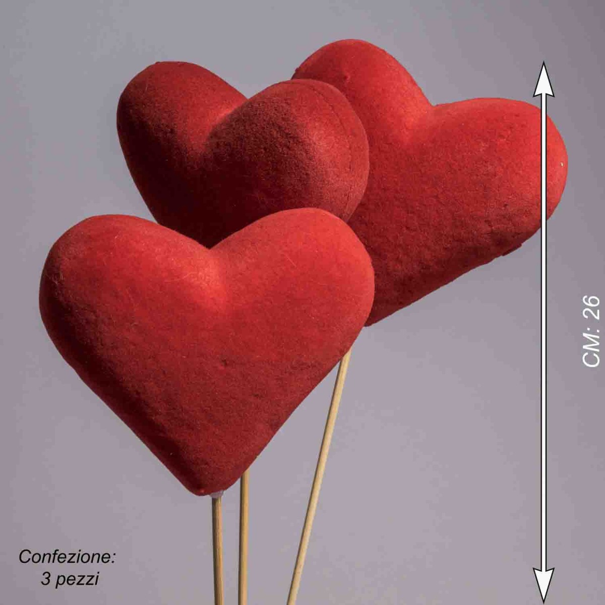 Cuore velluto su pick 3 PZ - 25 Cm / Rosso