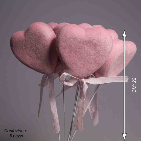 Cuore velluto su pick 6 PZ - 23 Cm / Rosa
