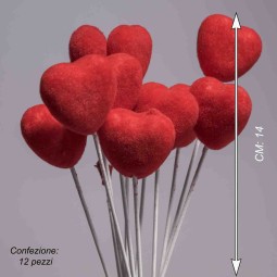 Cuori velluto su pick 12 PZ - 14 Cm / Rosso