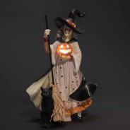 Strega in resina con zucca a LED - 20x,x15x32 Cm