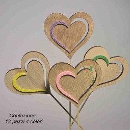 Cuori legno su pick 12 PZ - 21,5 Cm / Colorati