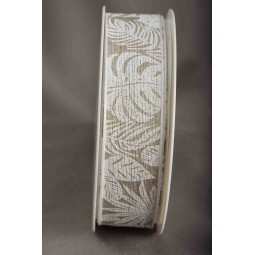 Nastro in lino stampato "Foglie tropicali" - 25 Mm x 15 M / Bianco