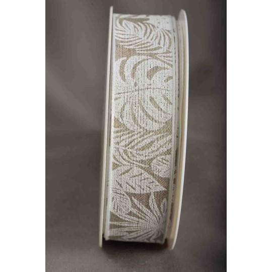 Nastro in lino stampato "Foglie tropicali" - 25 Mm x 15 M / Bianco