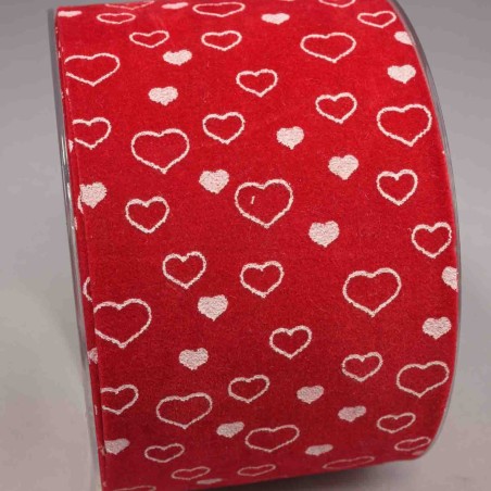 Nastro in velluto con cuori - 70 Mm x 15 M / Rosso