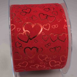 Nastro in velluto con cuori "Metal"- 70 Mm x 10 M / Rosso