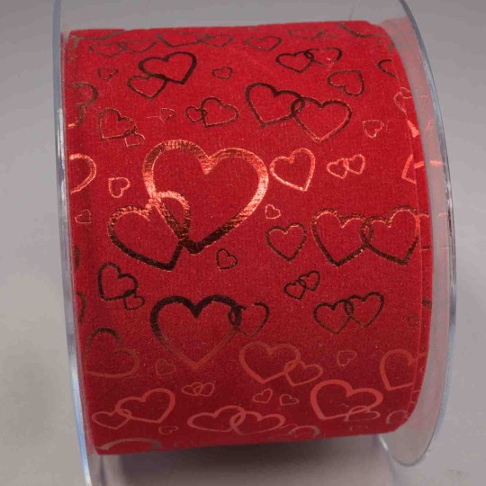 Nastro in velluto con cuori "Metal"- 70 Mm x 10 M / Rosso