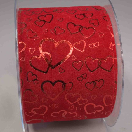 Nastro in velluto con cuori "Metal"- 70 Mm x 10 M / Rosso