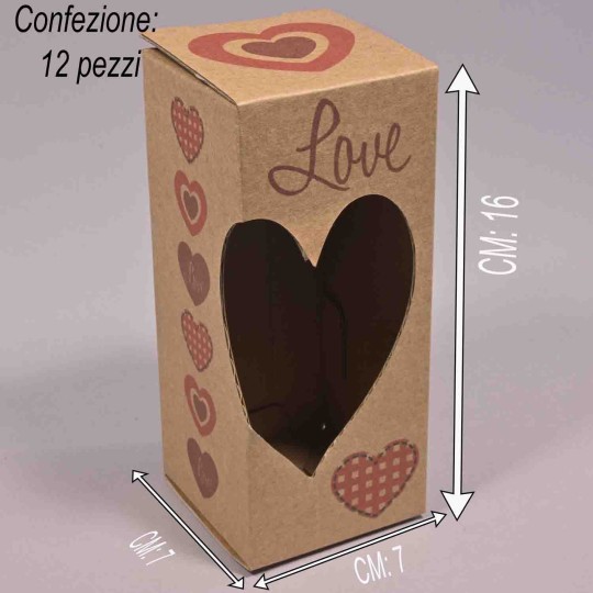 Scatole in carta con intaglio "Cuore" 12 PZ - 7x7x16 Cm / Avana
