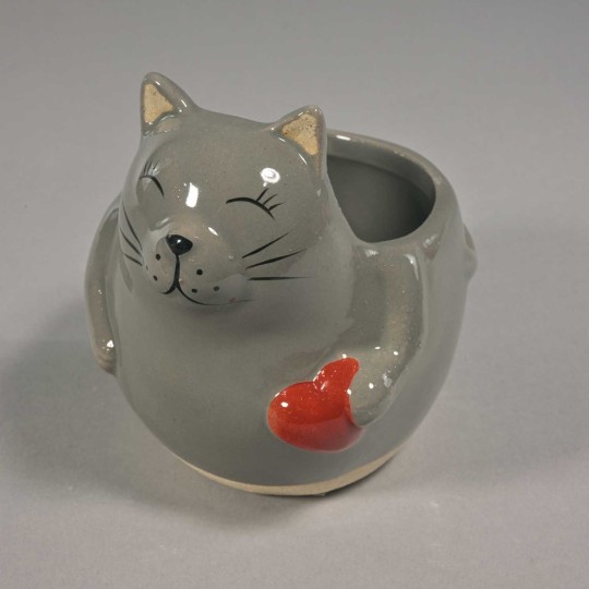 Vaso a forma di gatto con cuore - 10x8x10 Cm / Grigio