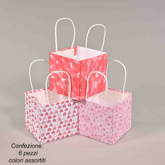 Borsine in carta 6 PZ - 8,5x8,5x8 Cm / Rosa con cuori