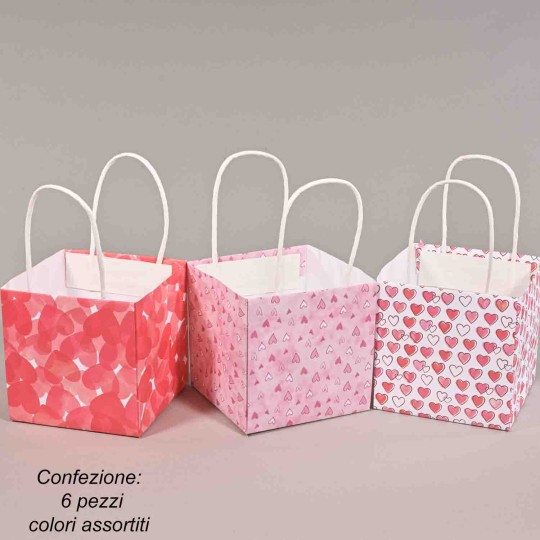 Borsine in carta 6 PZ - 10,5x10,5x10,5 Cm / Rosa con cuori