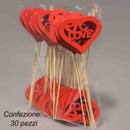 Pick cuore "Love" in legno 30 PZ - 21 Cm / Rosso