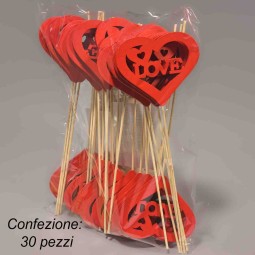 Pick cuore "Love" in legno 30 PZ - 21 Cm / Rosso