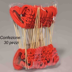 Pick cuore "Love" in legno 30 PZ - 22 Cm / Rosso