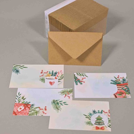Biglietti e buste natalizie 7x11 Cm - Alberi di Natale / Buste avana