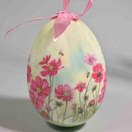 Uovo con fiocco e fiori da appendere - 15 Cm / Rosa