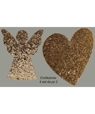 SET Decorazioni da appendere, Angioletto e Cuore Glitterato Oro - Set di 2 Forme