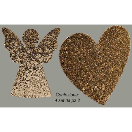 SET Decorazioni da appendere, Angioletto e Cuore Glitterato Oro - Set di 2 Forme