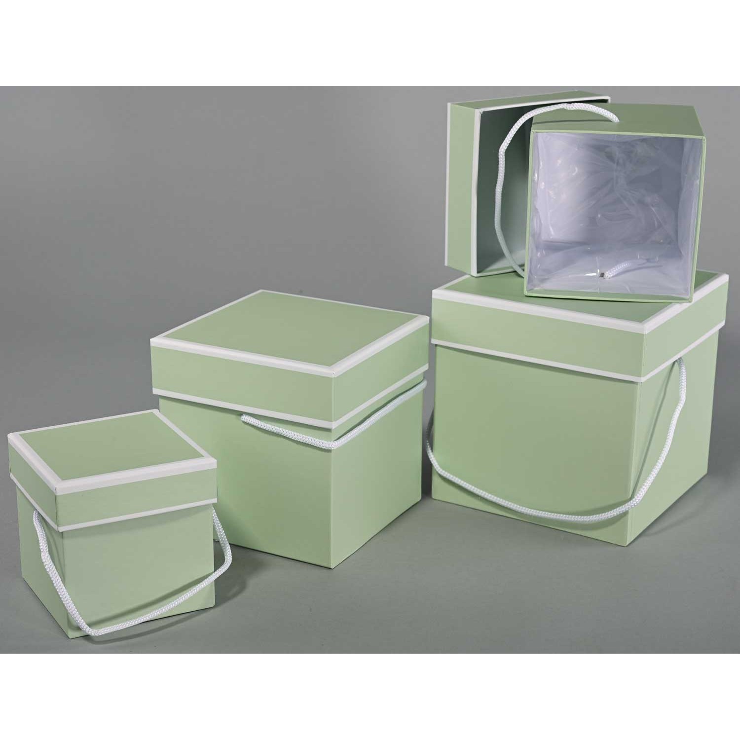 Scatole quadrate con cordino  4 Pezzi - 15,5x15,5x16 / 13,5x13,5x14 / 11,5x11,5x12 / 9,5x9,5x10 Cm - Menta