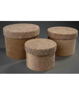 Scatole tonde in velluto e tessuto Set 3 Pezzi 18x14 - 15x12 - 13x10 Cm - Nocciola