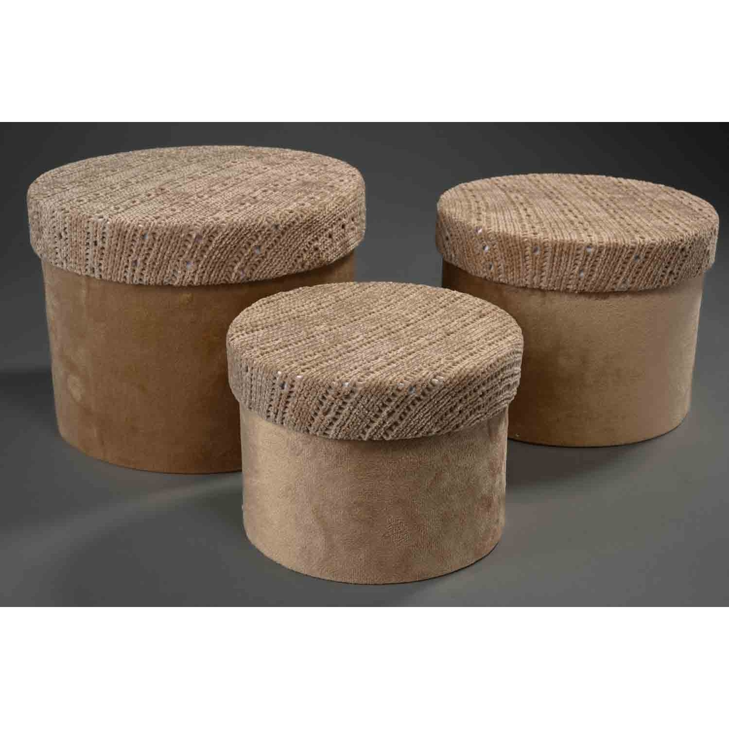 Scatole tonde in velluto e tessuto Set 3 Pezzi 18x14 - 15x12 - 13x10 Cm - Nocciola