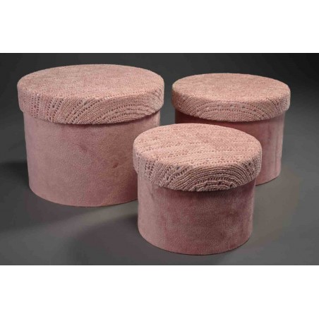 Scatole tonde in velluto e tessuto Set 3 Pezzi 18x14 - 15x12 - 13x10 Cm - Rosa