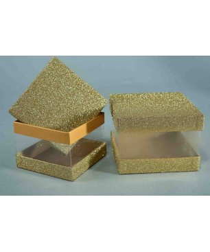 Scatole trasparenti con coperchio glitterato  Set 2 Pezzi - 14x14x10 / 12x12x8,5 - Oro 