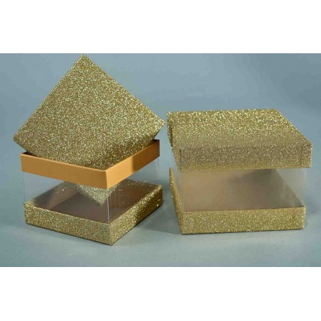 Scatole trasparenti con coperchio glitterato  Set 2 Pezzi - 14x14x10 / 12x12x8,5 - Oro 