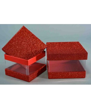 Scatole trasparenti con coperchio glitterato  Set 2 Pezzi - 14x14x10 / 12x12x8,5 - Rosso