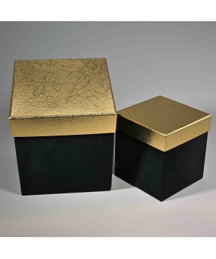 Scatole in velluto con coperchio oro - Set 2 Pezzi - 20x20x22 / 15x15x16 Cm - Nero 