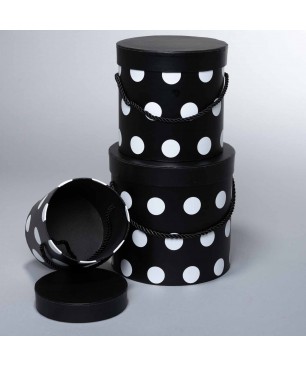 Scatole tonde a pois con coperchio  Set 3 Pezzi - 17x17 / 15x15 / 12x12 Cm - Nero