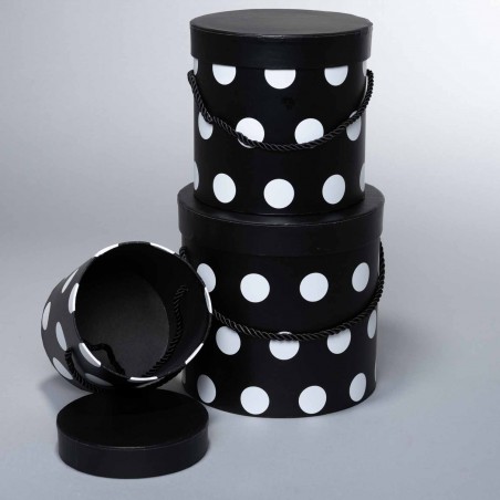 Scatole tonde a pois con coperchio  Set 3 Pezzi - 17x17 / 15x15 / 12x12 Cm - Nero