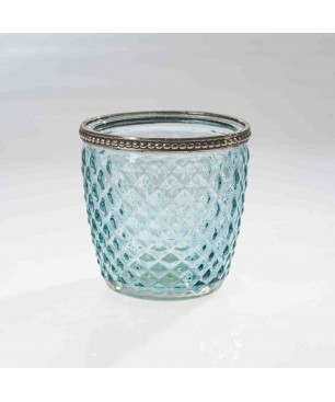 Porta tealight in vetro con bordo argento D 9 CM -Azzurro