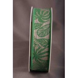 Nastro in lino stampato "Foglie tropicali"- 25 Mm x 15 M / Verde