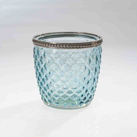 Porta tealight in vetro con bordo argento D 9 CM -Azzurro