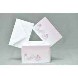 Biglietti e buste nascita in varie stampe - 100 pezzi - Rosa con biberon