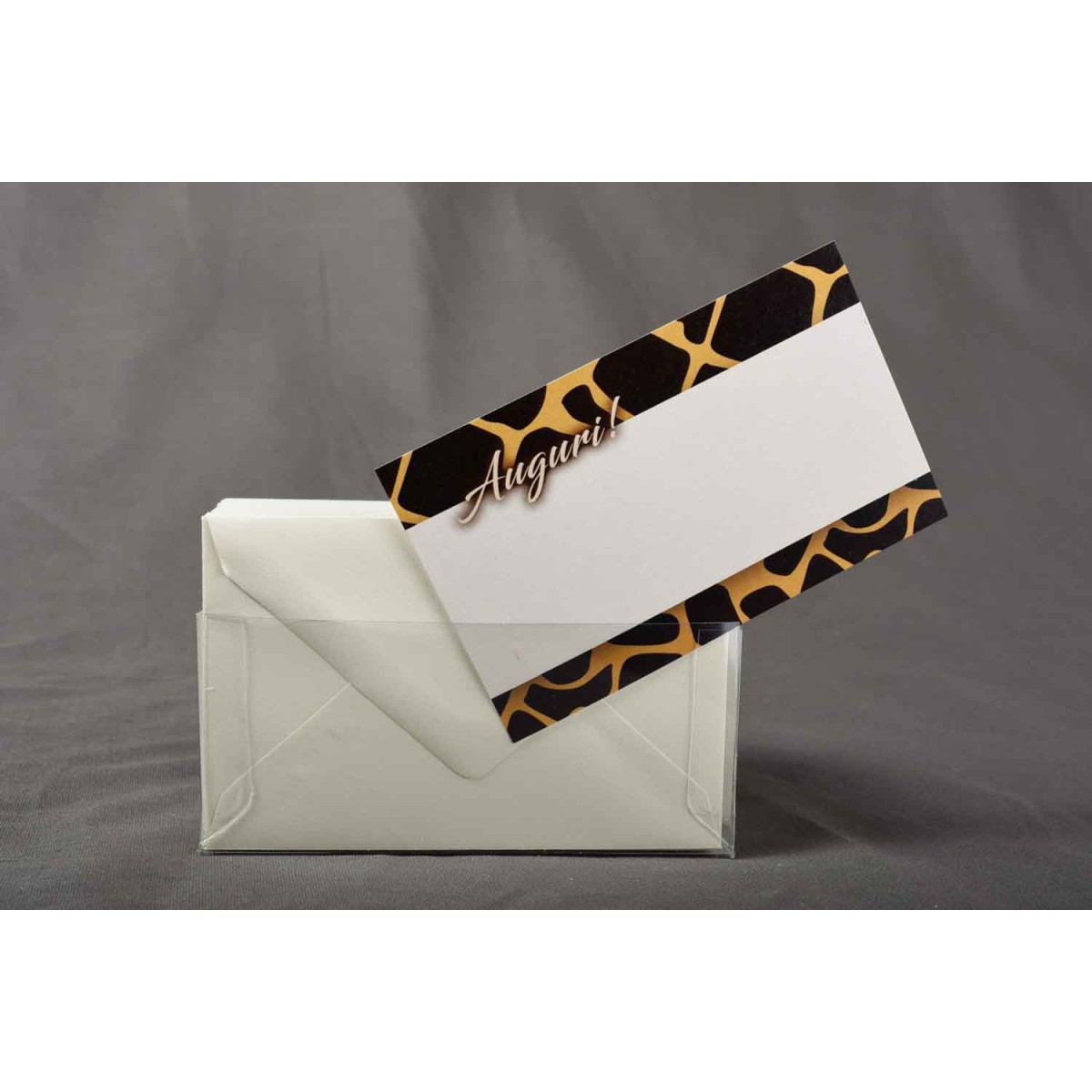 Bigliettini 100 Pezzi con fantasia Giraffa scura e buste avorio - 7x11 Cm / Bianco