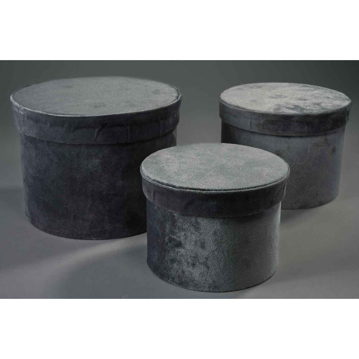 Scatole tonde in velluto Set 3 Pezzi 18x14 - 15x12 - 13x10 Cm - Grigio scuro