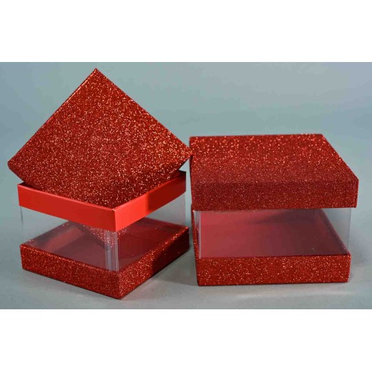 Scatole trasparenti con coperchio glitterato  Set 2 Pezzi - 14x14x10 / 12x12x8,5 - Rosso