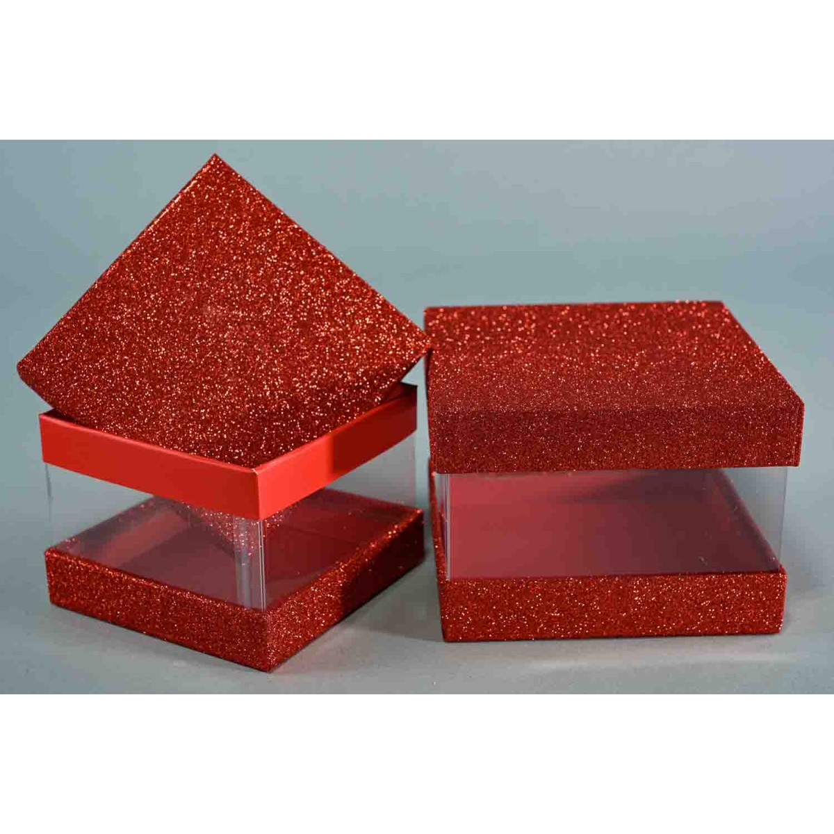 Scatole trasparenti con coperchio glitterato  Set 2 Pezzi - 14x14x10 / 12x12x8,5 - Rosso