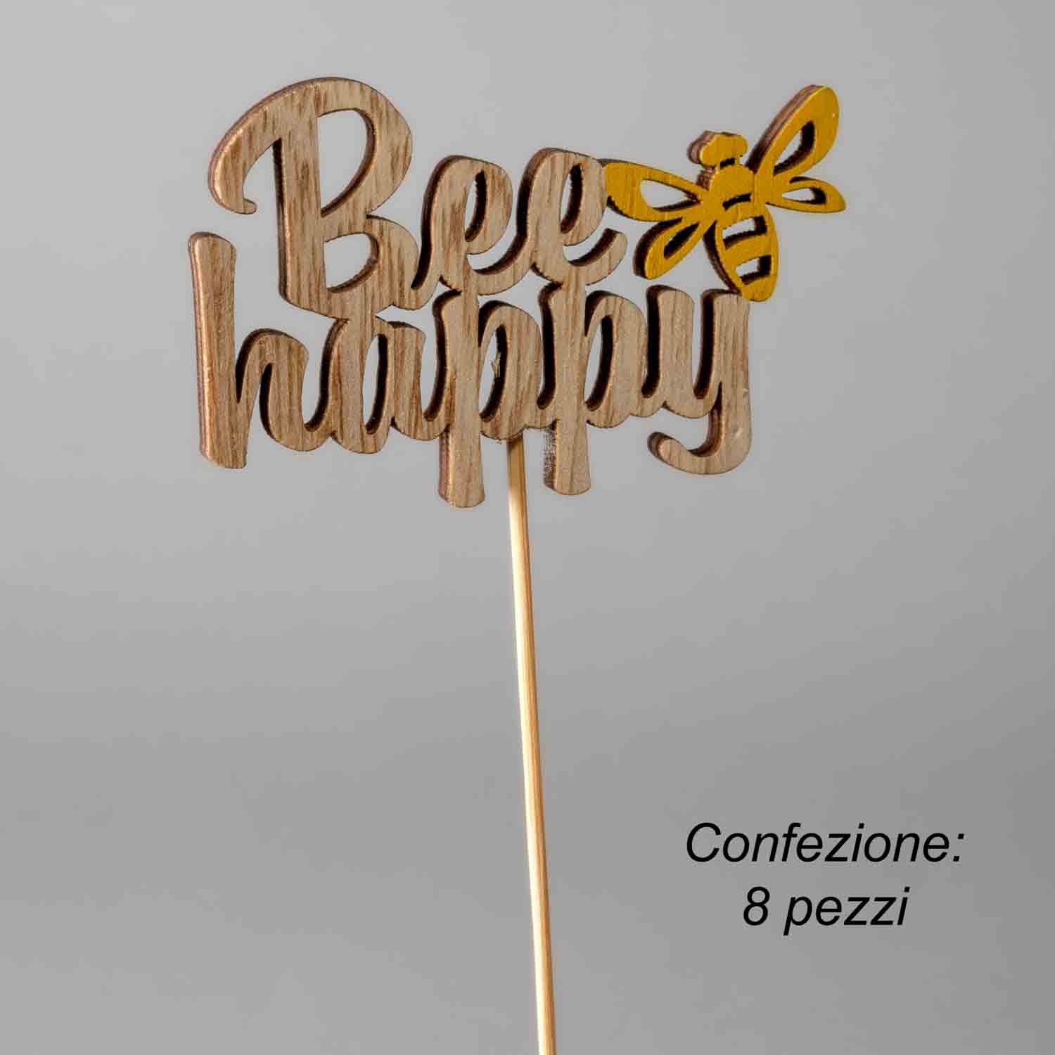 Scritta "Bee Happy" in pick - 8 Pezzi - Naturale