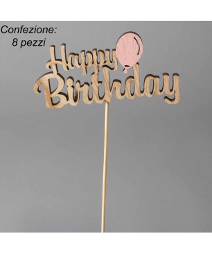 Scritta "Happy birthday" in pick - 8 Pezzi - Naturale/rosa